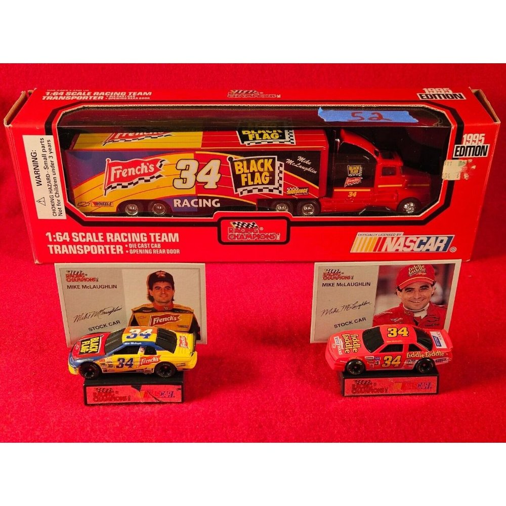 MIKE McLAUGHLIN NASCAR #34 TRANSPORTER‎ w/MATCHING STOCKCAR & PLAYER CARD -NIB